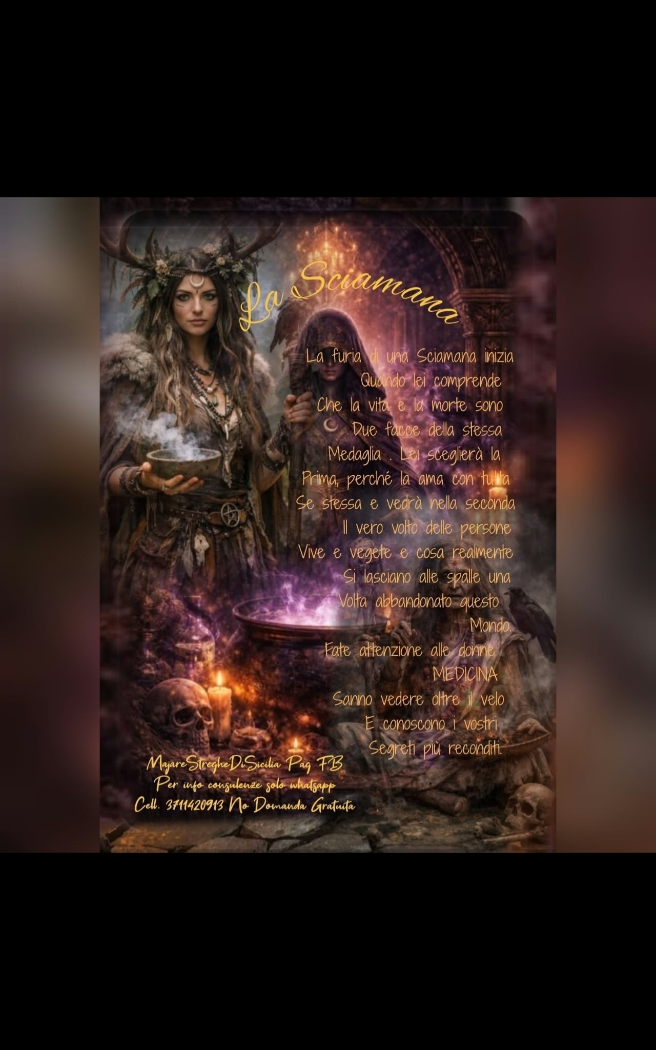 A vertically framed illustrated fantasy woman beside a glowing bowl, with decorative text and candlelit surroundings.