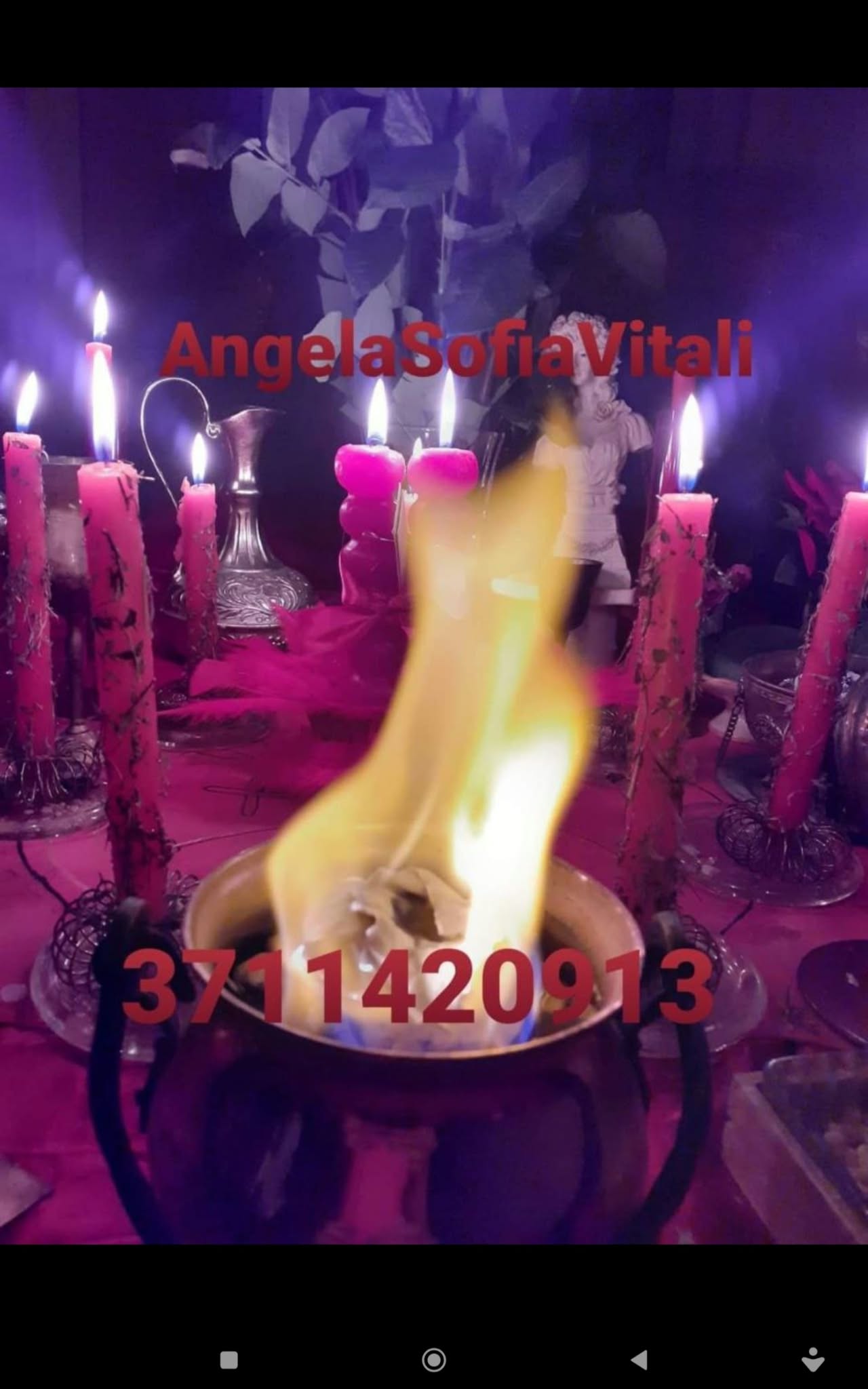 A candlelit tabletop arrangement with a large central flame, pink candles, glass vessels and red promotional text overlays, photographed in purple ambient light.