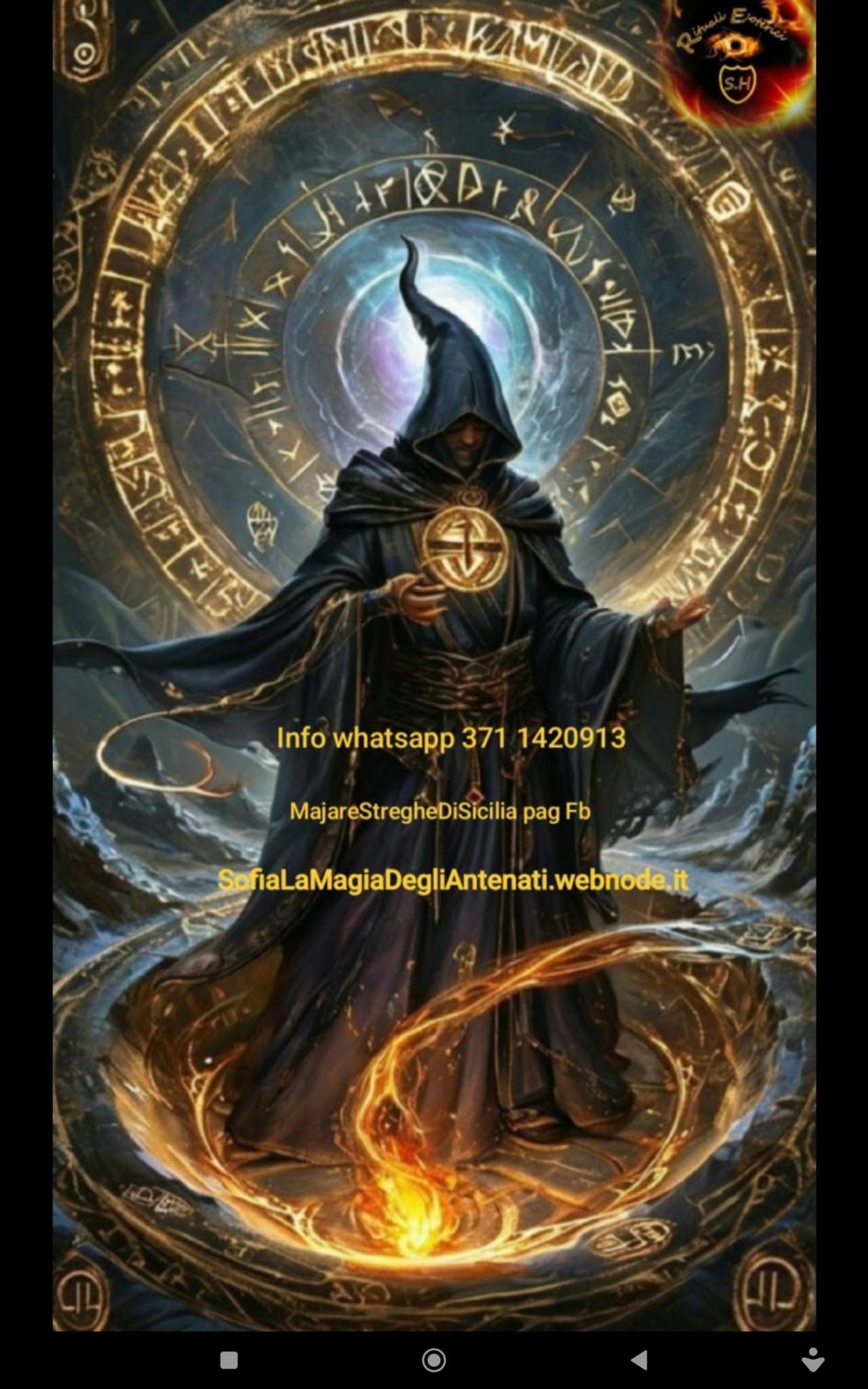 Centered full-body hooded figure surrounded by circular symbols, smoke and flames, with dramatic blue-orange lighting.