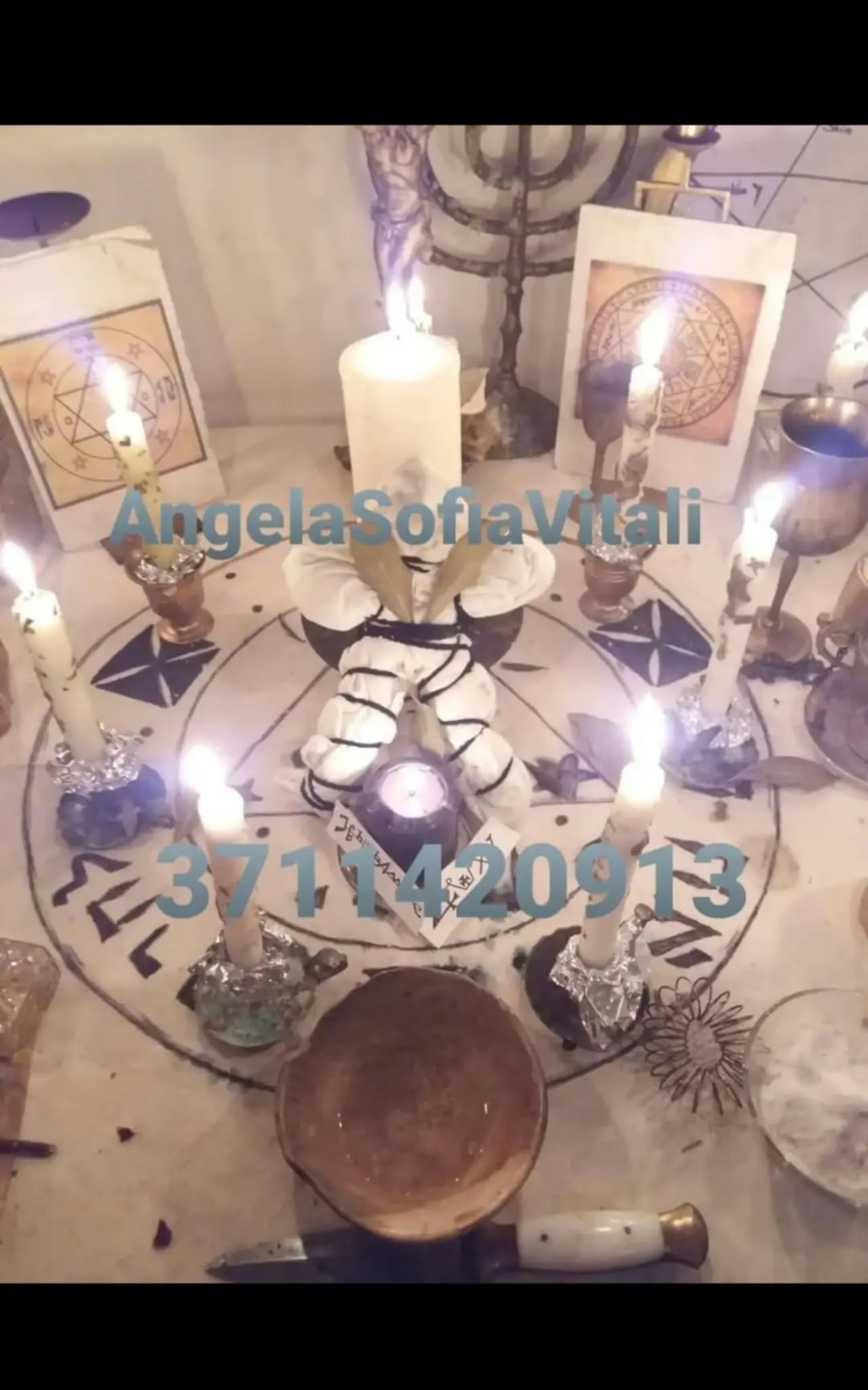 A tabletop arrangement of lit candles, glass holders, bowls and printed images, viewed from above under warm candlelight with blue promotional text overlays.