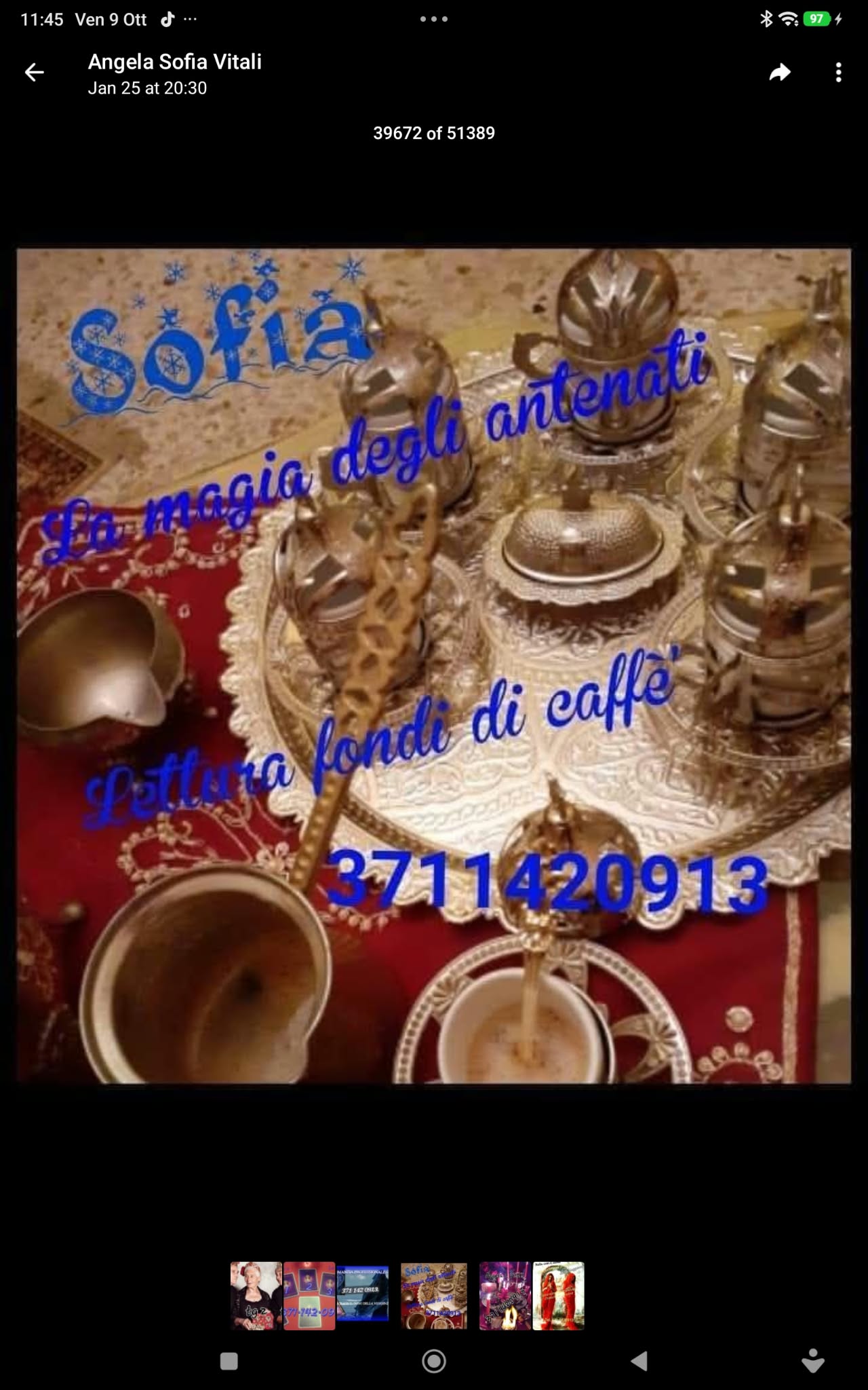 Overhead still life of coffee cups and ornate serving pieces on a patterned cloth, with blue lettering overlaid and warm lighting.