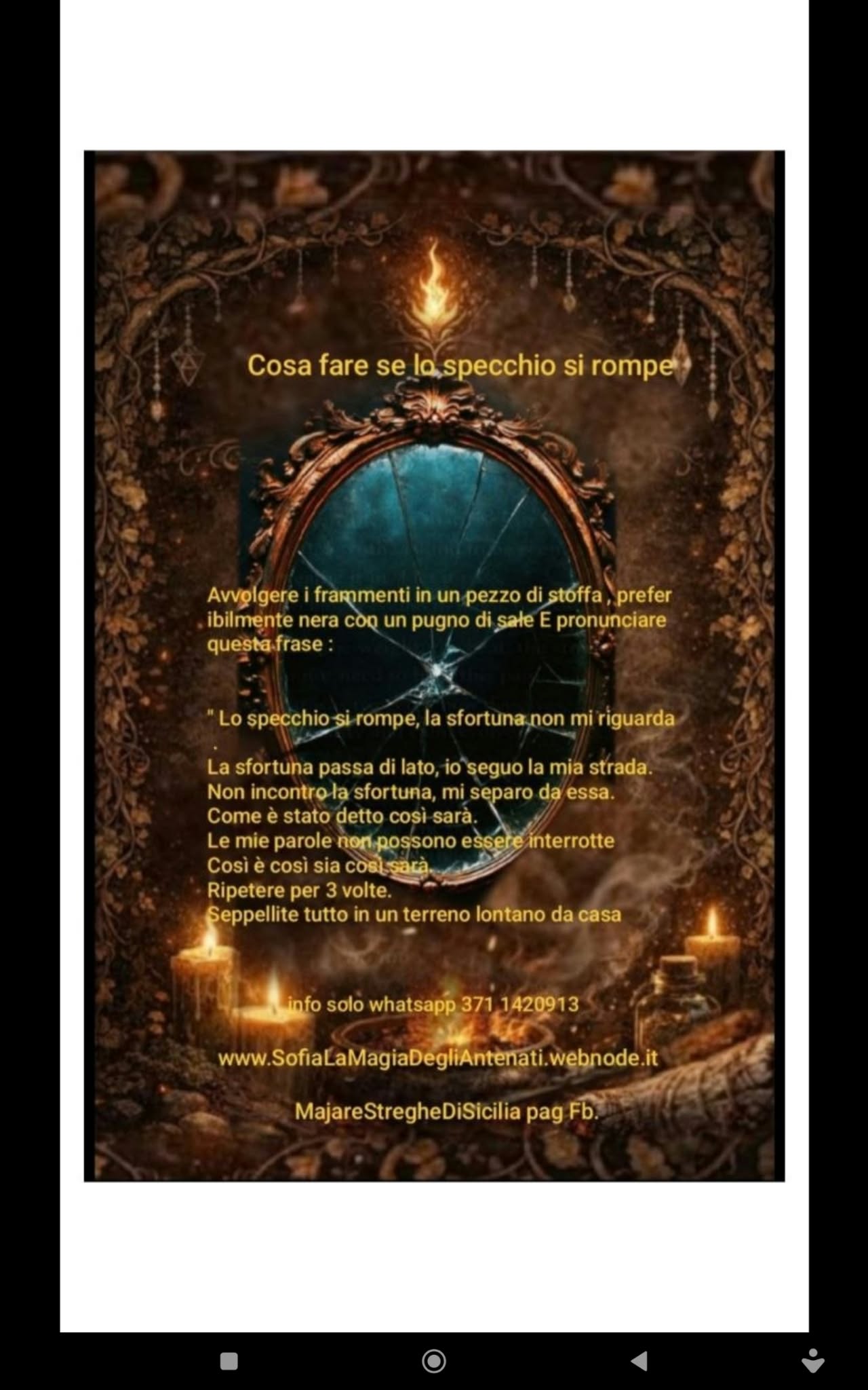 A vertically framed mystical promotional poster with a candlelit illustrated scene and dense Italian text, surrounded by white margins.