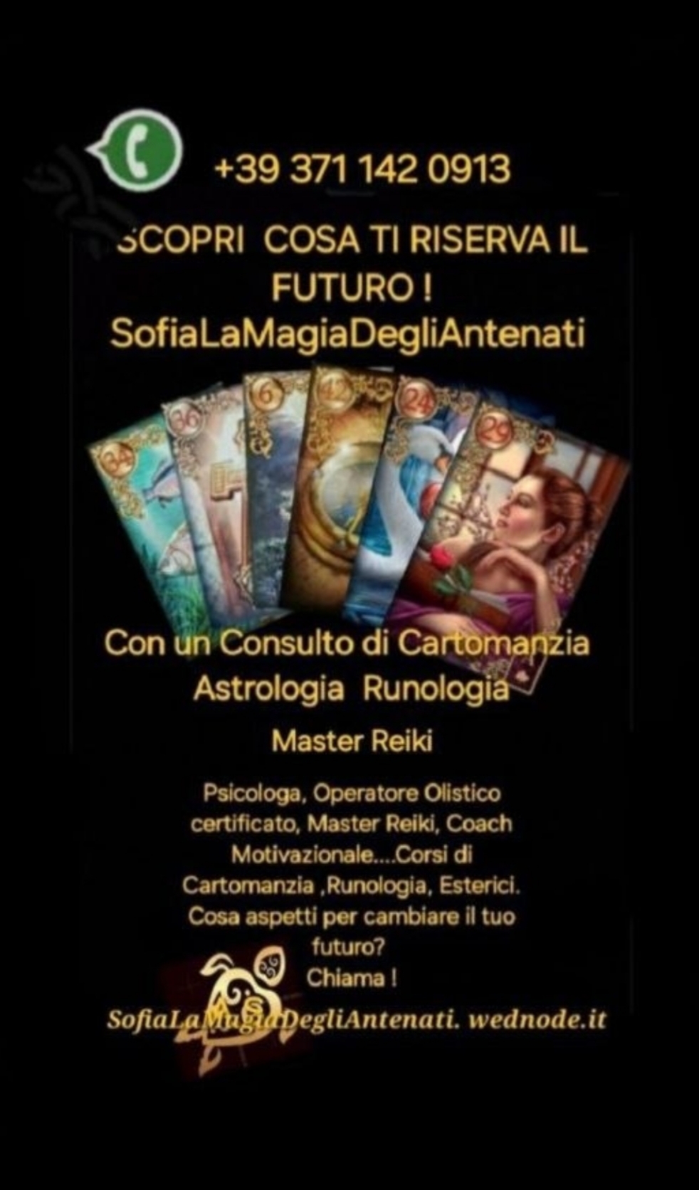 A designed black-background advertisement featuring a fan of illustrated cards and multiple lines of promotional text.