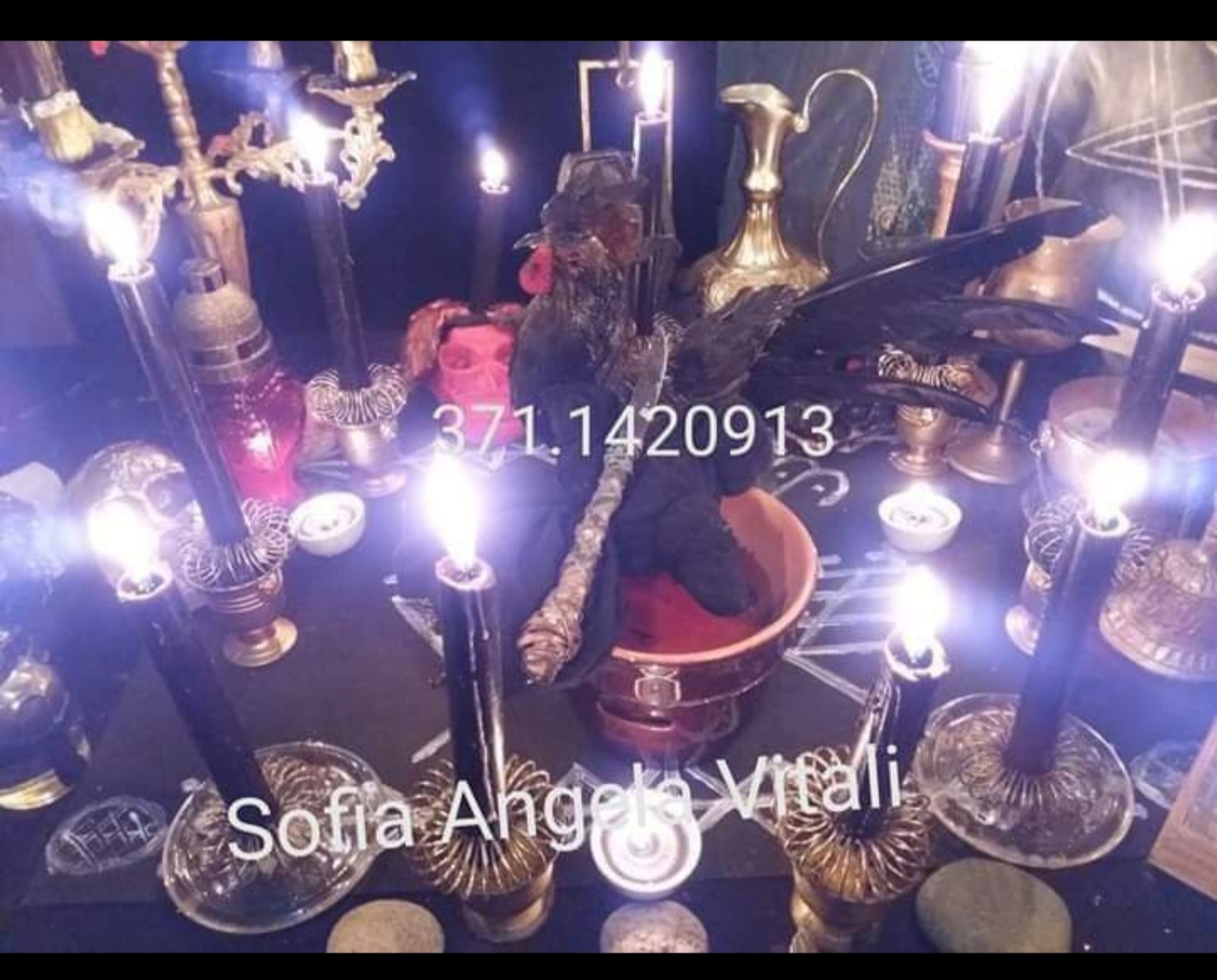 A dark tabletop arrangement filled with lit candles, metal vessels and a central figurine, photographed with bright candlelight and white text overlays.