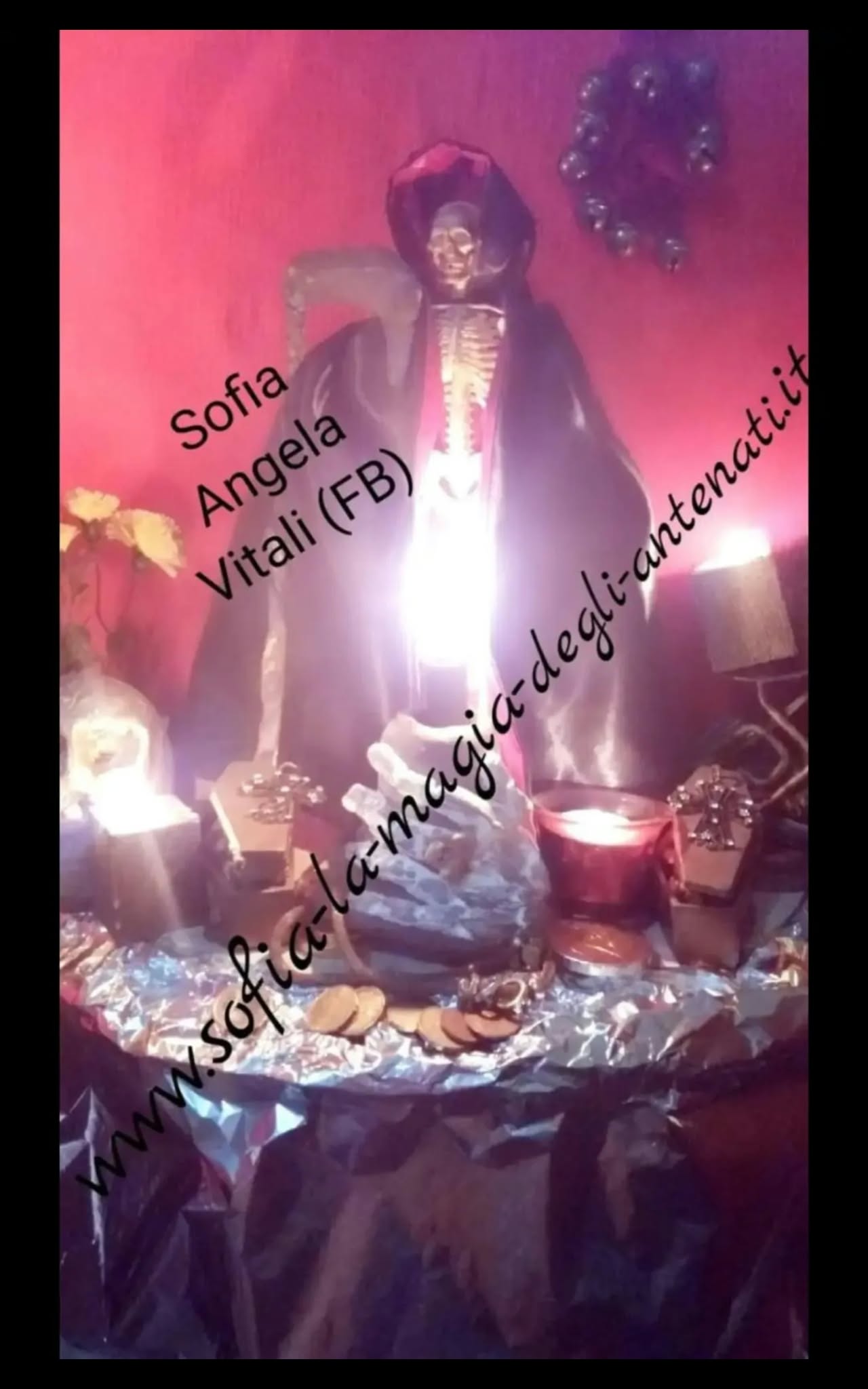 A central figurine surrounded by lit candles and small decorative objects on a reflective tabletop, photographed in pink and white light with text overlays.