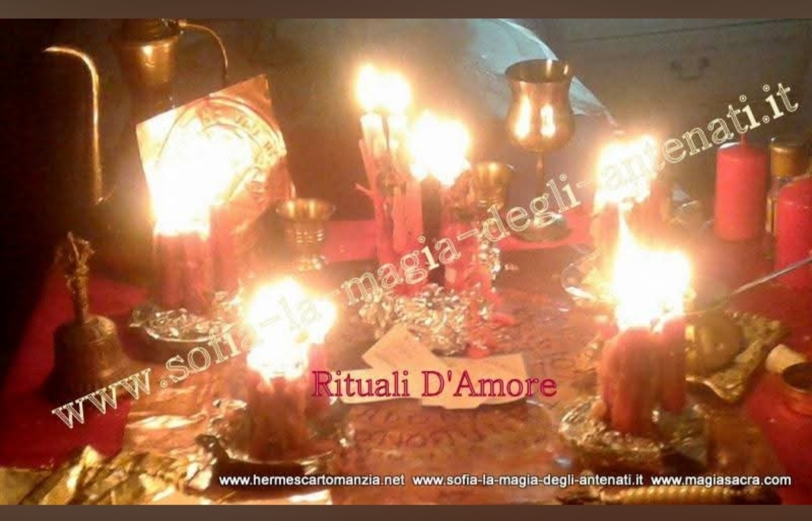 A candlelit tabletop arrangement with vessels, candles and small decorative objects, overlaid with promotional text.