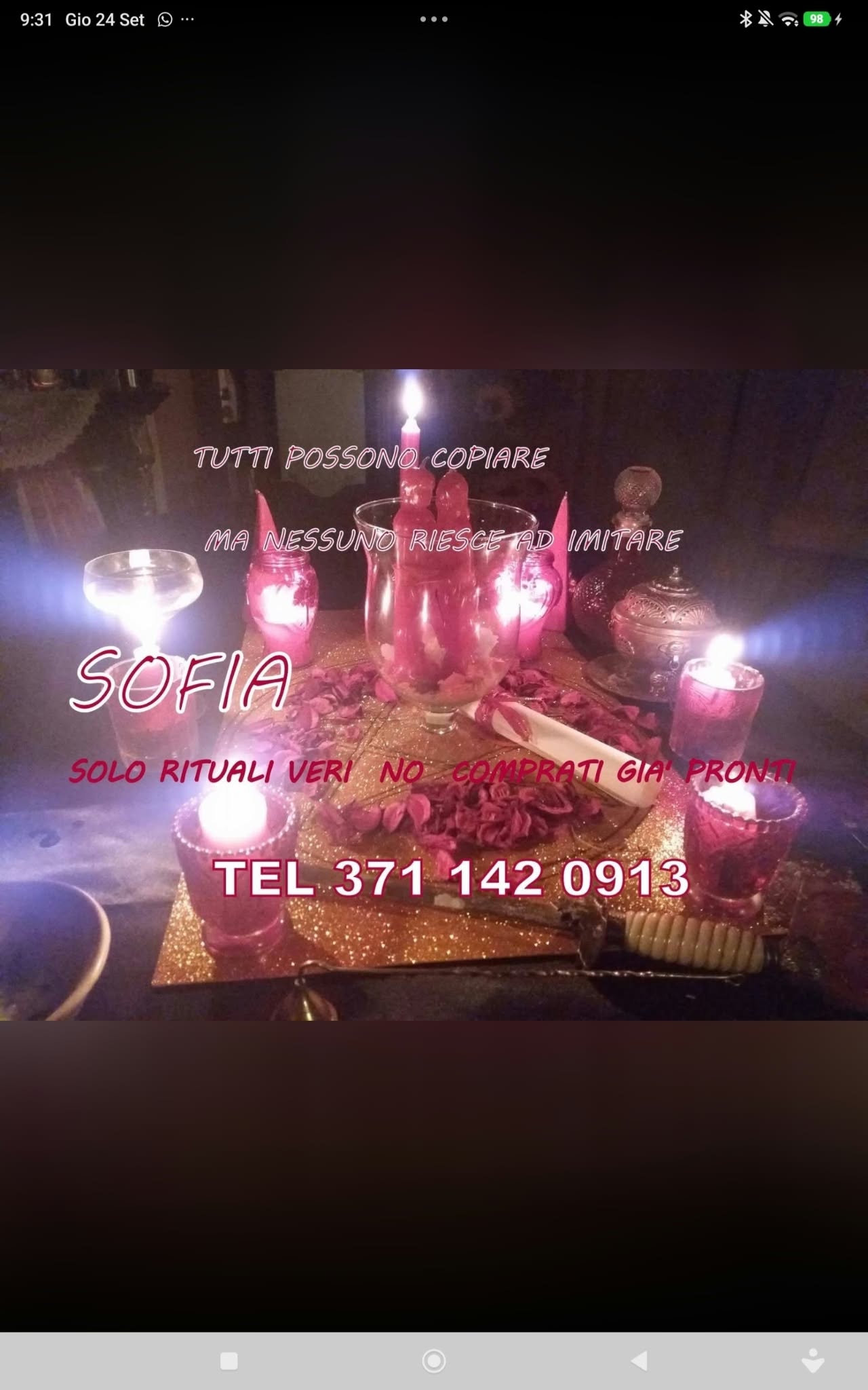 A candlelit tabletop display with pink candles and decorative objects, framed within a phone screenshot and covered with prominent promotional text.