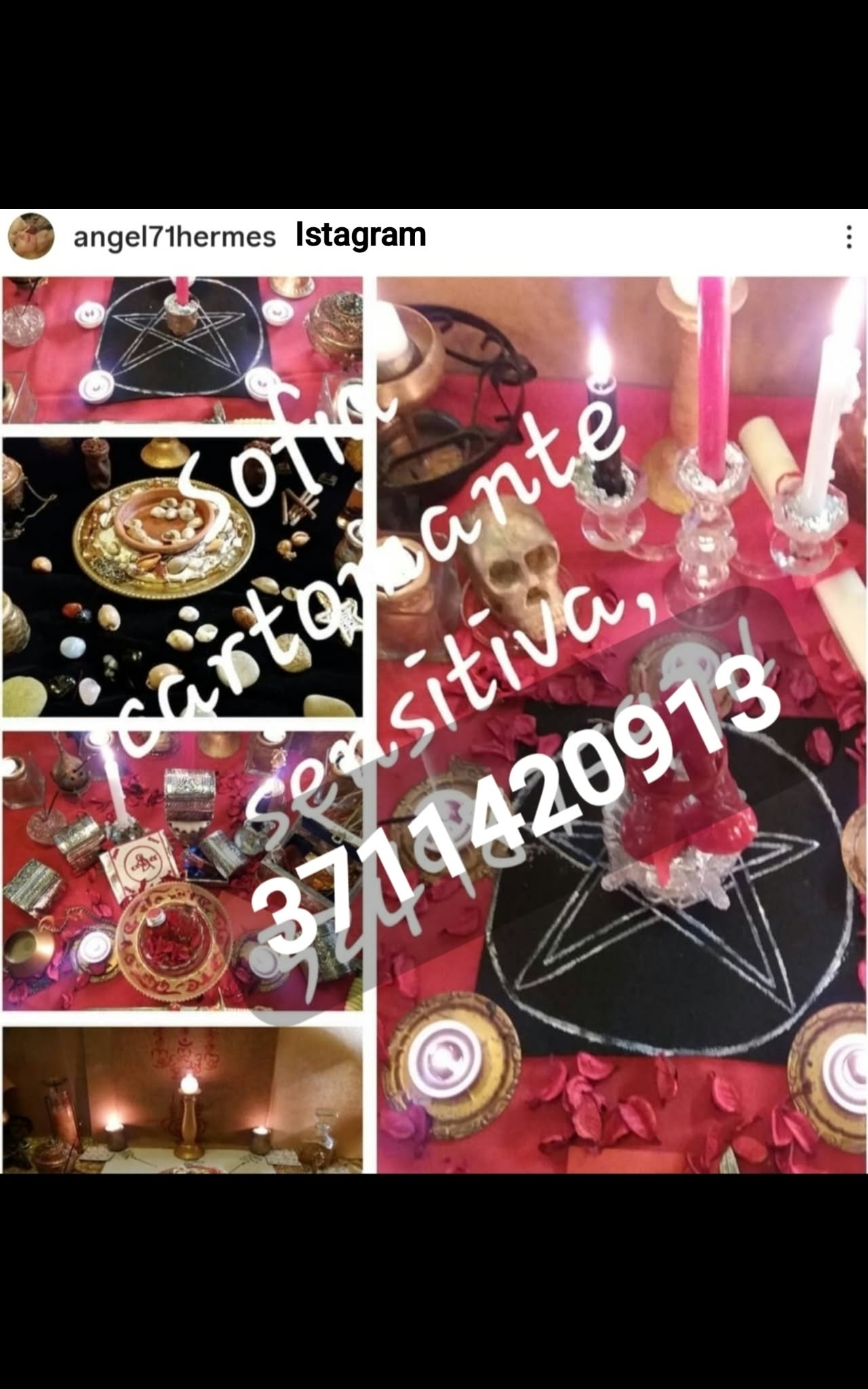A promotional collage of candlelit tabletop arrangements, ritual objects and large white text overlays.