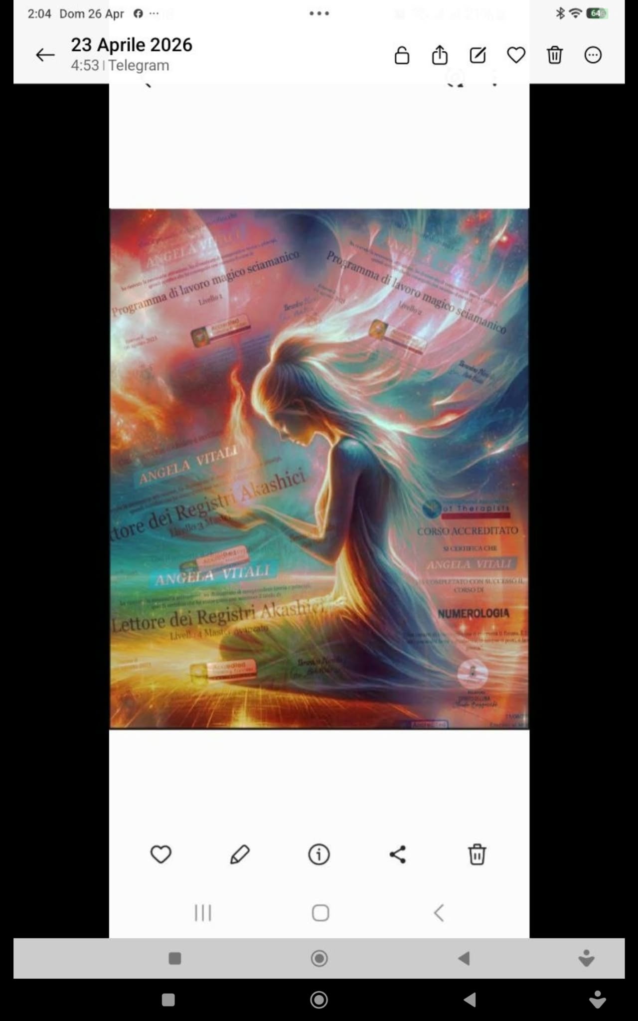 A screenshot of an illustrated woman in flowing clothing surrounded by colorful rays, books and prominent text.
